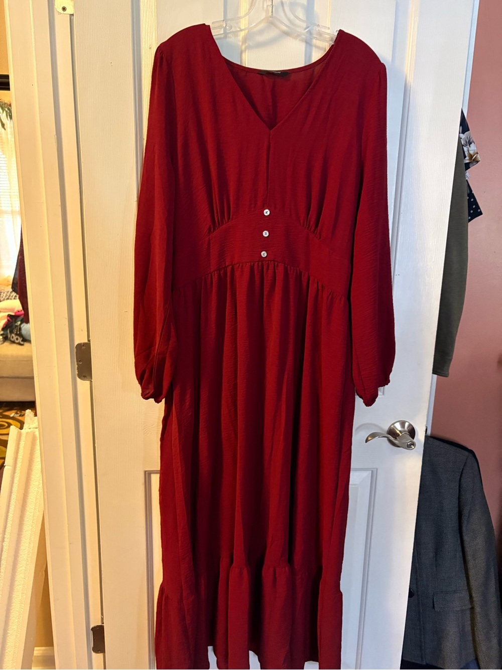 Women's Burgundy Long Sleeve V-Neck Maxi Dress with Button Detail